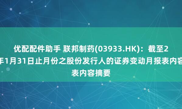 优配配件助手 联邦制药(03933.HK)：截至2026年1月31日止月份之股份发行人的证券变动月报表内容摘要